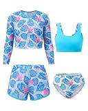 JiAmy Mädchen Badeanzug Set 4-teilig Langarm UV-Schutz Shorts 160, Blau