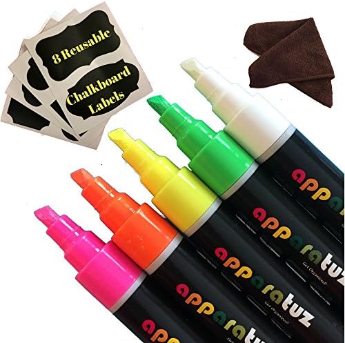 Liquid Chalk Markers Neon Color Bistro Set Includes 5 Reversible Tip Erasable Pens, 8 Chalkboard Labels and 1 Eraser Cloth. Dry Erase Markers for Glass, Blackboard, Kids Art & Car
