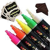Liquid Chalk Markers Set Includes 5 Neon Reversible Tip Erasable Pens, 8 Chalkboard Labels and 1 Eraser Cloth. Dry Erase Markers for Bistro, Glass, Blackboard, Kids Art & Car. Add Colors To Your Life.