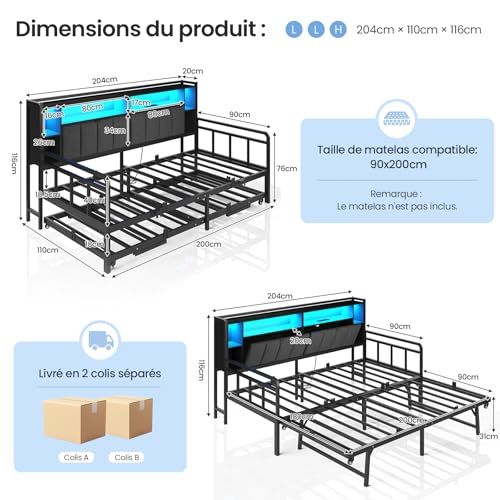 Brinlawb Canapé Lit 90x200 cm avec Lit Gigogne, avec Tête De Lit Rembourrée, Banquette Lit avec Rangement, Multiprise Et Éclairage LED Réglable, Canapé Convertible en Lit 90x200/180x200 cm Noir – vue 3