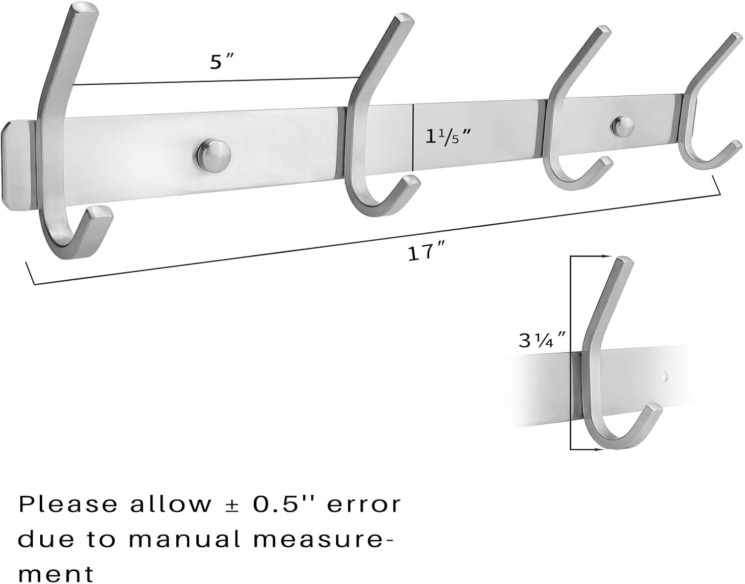 SCUNDA Stainless Steel Coat Rack Wall Mount with 4 Hooks, Metal Wall Hook for Hanging Entryway, Bathroom, Mudroom, Kitchen (Silver, 17 inch,2 Pack)