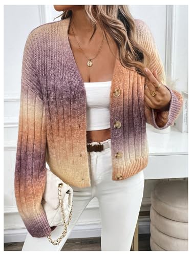 Image of MakeMeChic Women's Colorful Chunky Cropped Cardigans Button Down Long Sleeve Drop Shoulder Rainbow Sweater Khaki Large