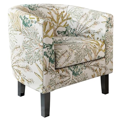 Image of BELLEZE Living Room Chair, Linen Round Accent Barrel Chair, Club Tub Sofa Chair for Bedroom, Corner Chair with Flared Legs and Cozy Soft Padding - Highland (Green Coral)