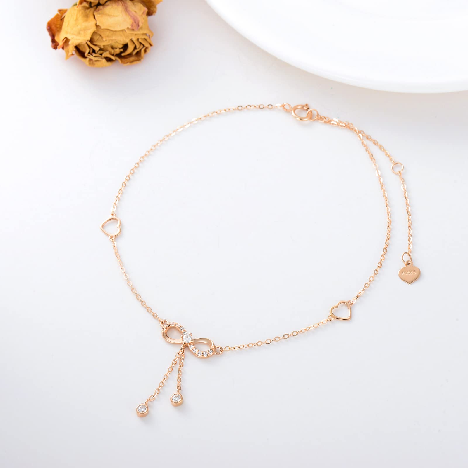 Cavigliera da donna in oro massiccio 14 carati, con cuore infinito in moissanite, in vero oro puro, cavigliera con perline, per anniversario, compleanno, regalo per moglie e mamma, 20,3 cm + 5,1 cm