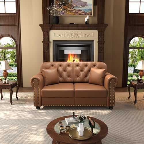 Image of KEIKI 63 inch Faux Leather Chesterfield Sofa with Rolled Arms & Nailhead Trim, Modern Style 2-Seater Button Tufted Couch with High Resilience Cushion & 2 Pillow, Easy Assembly, for Living Room, Brown