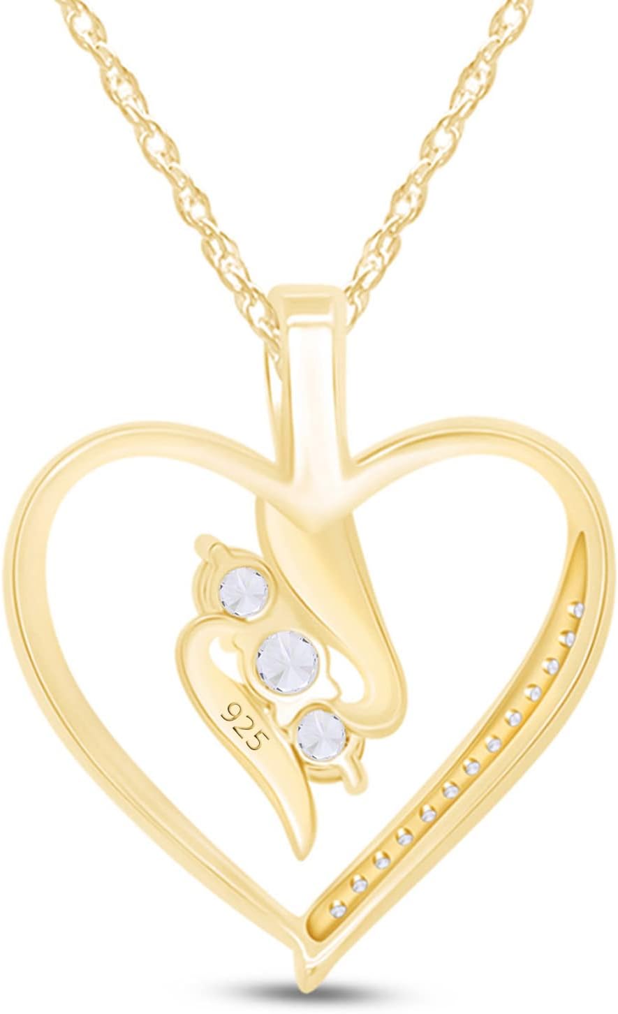 SAVEARTH DIAMONDS 1/4 Carat Round Cut Lab Created Moissanite Diamond 3-Stone Heart Pendant Necklace In 14k Gold Plated 925 Sterling Silver With 18" Chain (VVS1 Clarity, 0.25 Cttw)