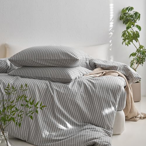 Image of MooMee Striped Duvet Cover Set 100% Washed Cotton Linen Like Queen | Relaxed Linen-like Texture. Soft, Breathable & Long-lasting Comfort. Lightweight. Hidden Zipper with 8 Interior Corner Ties