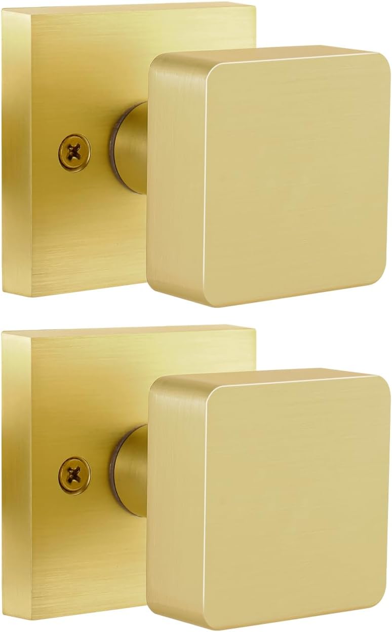 2 Pack Gold Dummy Door Knob, Brushed Gold Door Knobs Interior for Closet, Heavy Duty Square Satin Brass Door Knob Modern Dummy Door Handle
