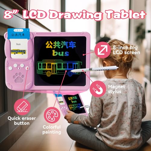 KILOGOGRAPH Talking English & Mandarin Flash Cards - 8" LCD Writing Tablet for Kids 3-12, Bilingual 510 Sight Words, Toddler Pocket Speech, Drawing Sketch Pad, Autism Toys for Girls (Chinese, Pink) - Image 4