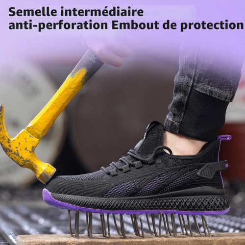 SPIEZ Anti-écrasement Chaussures Sécurité Femmes Légères, 38 EU, Noir/Violet – vue 3