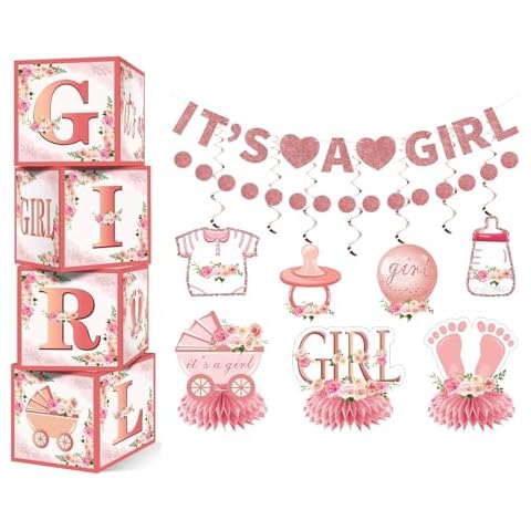 13PCS Pink Rose Gold Baby Shower Decorations for Girls, Floral "It's a Girl" Balloon Boxes Banner Circle Dot Garland Hanging Swirls Honeycomb Centerpieces, Pregnancy Announcement Party Supplies Cover