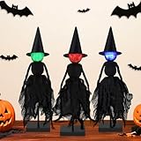 Halloween Decorations Indoor, Set of 3 Lighted Primitive Witch with Hat, Spooky Black Witches Figurines LED Lights Standing Table Decor Scary Table Centerpieces Tiered Tray Decor Shelves Mantels Home