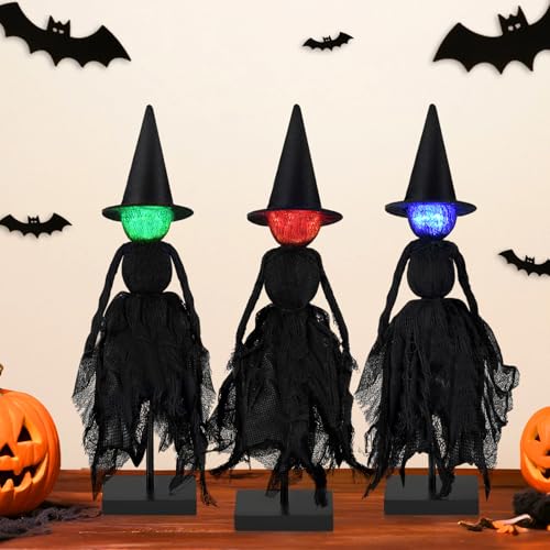 Halloween Decorations Indoor, Set of 3 Lighted Primitive Witch with Hat, Spooky Black Witches Figurines LED Lights Standing Table Decor Scary Table Centerpieces Tiered Tray Decor Shelves Mantels Home