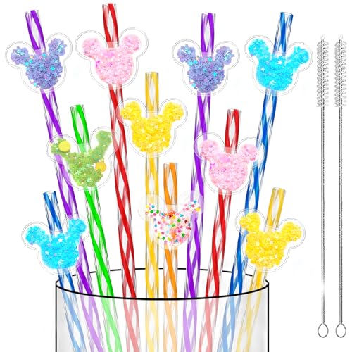 24 Reusable Sparkle Mouse Ear Plastic Drinking Straws for Oh Toodles Birthday Party Decorations Supplies - Dishwasher Safe Glitter Mouse Ears Cocktail Straws for Theme Oh Twodles Party Favors Decor
