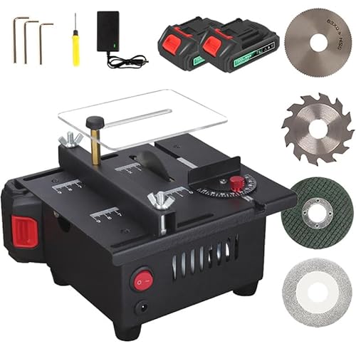 Multi-Functional Table Saw, 200W Cordless Mini Table Saw with 2 * 21V Li-Battery & 4-Saw Blade, 16MM Cutting Depth, 15000r/min Desktop Electric Saw for Plastic Acrylic Cutting Basic model