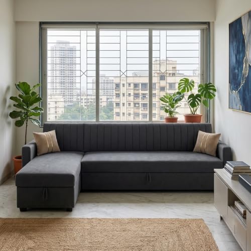 Image of CASASTYLE Kyagar 6 Person Seating LHS L Shape Sofa with Pull Out Bed & Storage Lounger | Premium Soft Velvet Suede Fabric | Comfort Cushions | Ideal for Living Room, Hotel & Office (Dark Grey)