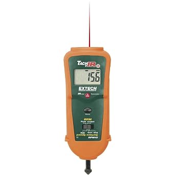 Extech RPM10 Combination Tachometer with Infrared Thermometer | Photo 10-99999 and contact 0.5-20000 RPM, IR temp -4 to 600F, surface speed, 99999-count LCD, wheel, tape, case