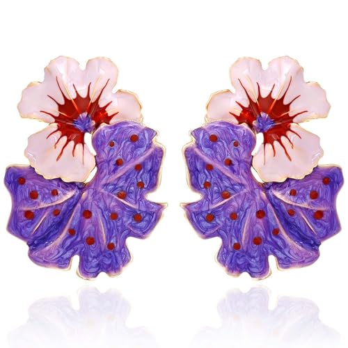 Aksod Large Flower Earrings Studs Dangle Purple Enamel Statement Earrings Big Exaggerated Floral Earrings Jewelry for Women (Purple)