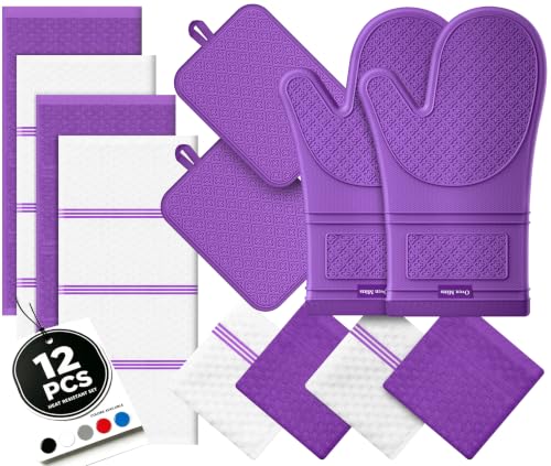 Silicone Oven Mitts and Pot Holders Sets, Baking Kitchen Gloves/Hot Pads 500°F Heat Resistant with Non-Slip Silicone Grip Surface, Includes 2 Cooking Mitts/2 Potholders/4 Kitchen Towels/4 Dishcloths