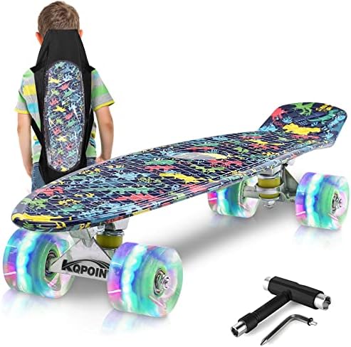 Kqpoinw Kids Skateboard,22" Complete Skateboards for Kids,Teens,Girls,Boys,Beginners,Skate Board,Penny Boards with Dinosaur Pattern,Colorful Light Wheels,Skate Tool,Tote Bag,Ideal Gift for Girls,Boys.