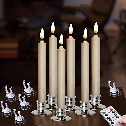 Nonno & Zgf 6Pack Flameless Battery Powered 8'' Ivory Taper Windows Candles With Remote And Timer & Candlestick, With Clips, Suction Cup,And Removable Silver Candleholders, Remote Included, Patented #TOP2