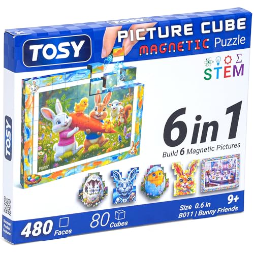 Product Image of the TOSY Picture Cube Bunny Friends: 6-in-1 Magnetic Picture Puzzle, Easter Basket Stuffers STEM Gift for Kids & Adults, 80 Blocks, 480 Puzzle Faces, 0.6in, B011, Seamless UV Art, Display-Ready Frame