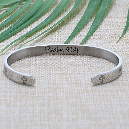 Joycuff Cross Bracelet Engraved Quote Religious Cuff Bangle He Will Cover You With His Feathers Psalm 91:4 Bible Verse Jewelry Confirmation Baptism Gifts Christian Bracelet #TOP3