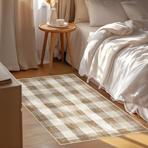 Image of Checkered Area Rug, 2x3, Brown | Washable, Non Slip, Modern Neutral, For Living Room Bedroom Office Patio Dining Room