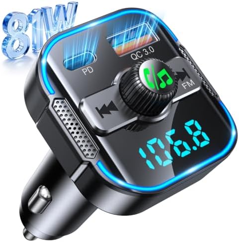Glangeh Bluetooth 5.3 Adapter Auto Schnellladung 81W mit Dual Mikrofon | 2 in 1 FM Transmitter Auto Bluetooth & Autoladegerät （PD 45W + QC3.0 36W）unterstützt Siri-Assistent & Freis