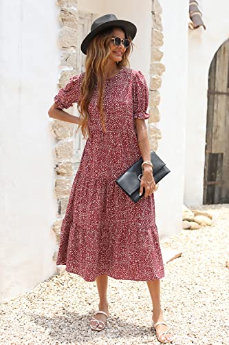 Prettygarden Women's Summer Casual Boho Dress Floral Print Ruffle Puff Sleeve High Waist Midi Beach Dresses (Red White,Medium) #TOP3