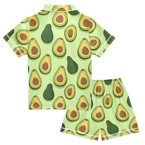Green Avocado Print Summer Satin Pajama Set, Cute Button-Down Sleepwear Pj Set for Sleep Wears2