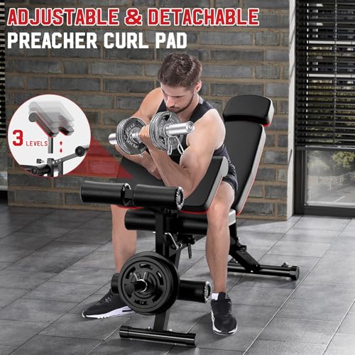 XDDIAS Weight Bench, Workout Bench for Home Gym with Extended Headrest, Leg Extension and Preacher Curl Pad, Incline Decline Flat Adjustable Exercise Bench Full Body Workout, 900Lbs Weight Capacity