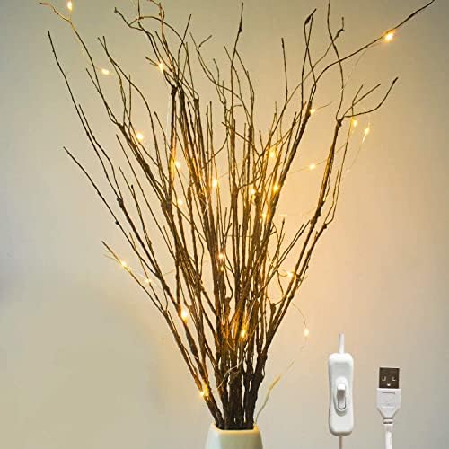 MISSWARM 10 PCS Lighted Artificial Twigs Curly Willow Branches, 30.7 Inches Artificial Branch with 50 LED for Home Decoration USB Plug-in