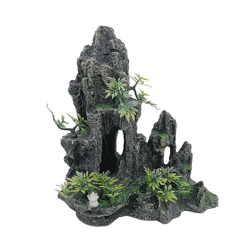 Poxela Fish Tank Rock Cave Decoration - Mountain View Aquarium Ornament with Moss Tree and Stone for Aquascaping(Large Mountain-B)