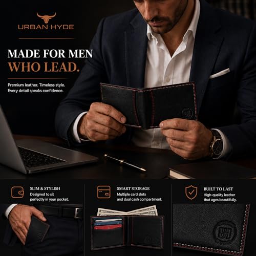 Image of URBAN HYDE Premium Genuine Leather Belt & Thread Work | Wallet Combo for Men | Leather Wallet and Belt Gift Set | Stylish Men Leather Combo Gift for Birthday, Anniversary & Office | Black