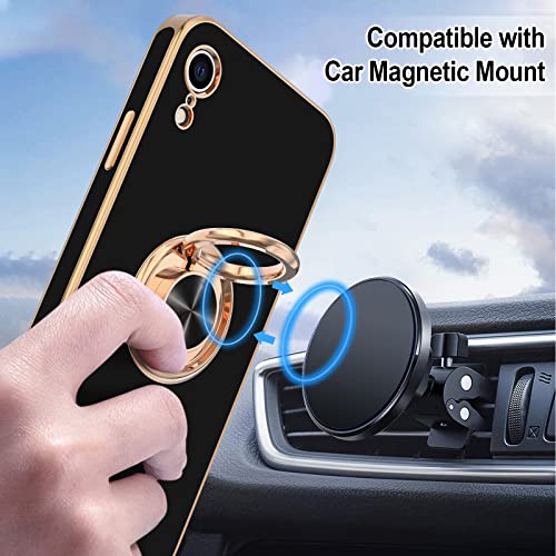 Hython Case For Iphone Xr Case Ring Stand [360° Rotatable Ring Holder Magnetic Kickstand] Shiny Plating Rose Gold Edge Soft Tpu Bumper Cover Shockproof Protective Phone Cases Iphone Xr 6.1-Inch, Black #TOP4
