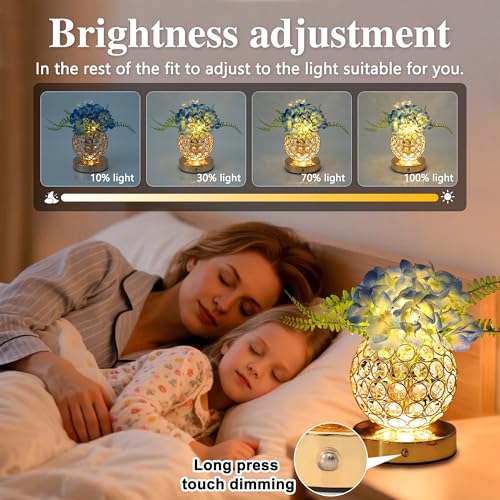 Image of Blue Artificial Hydrangea Flower Lamp, 3 Color Dimmable Touch Control Night Light, Christmas Birthday Gifts for Women, Artificial Hydrangea Flower Table Lamp Decor for Bedroom Bar Coffee Shop Wedding