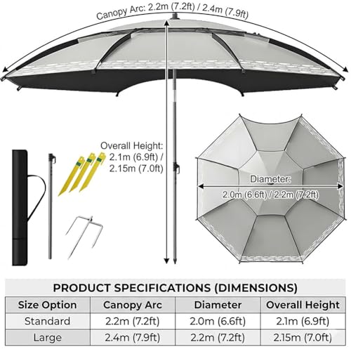 Parasol de plage orientable 360° et léger de 2m pour abri de pêche et sable