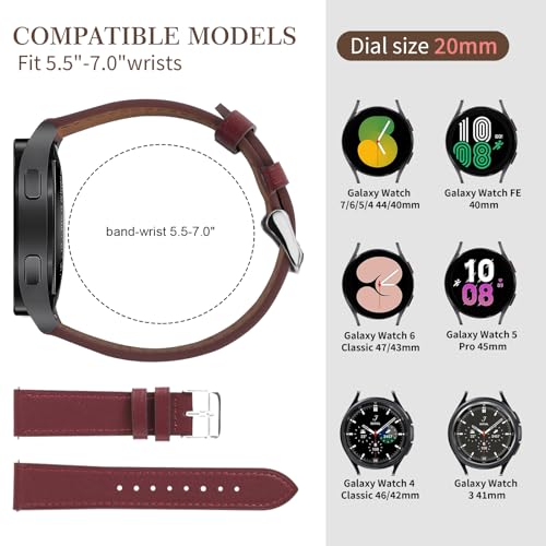 Italy Genuine Leather Watch Bands Compatible with Samsung Galaxy Watch 7 6 5 4 40mm 44mm, 5 Pro 45mm, 6 4 Classic Active 2, 20mm Quick Release Leather Watch Straps Replacement Band for Women Men