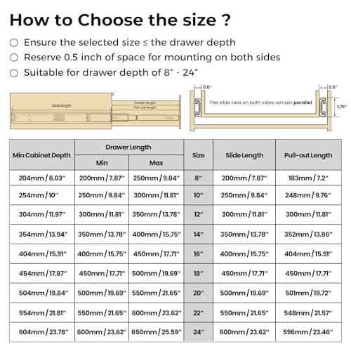 Image of LONTAN 1 Pair Side Mount Drawer Slides 12 Inch Heavy Duty Cabinet Rails