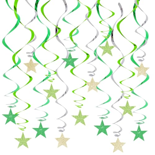Image of BEISHIDA Green Gold Glitter Stars Hanging Swirls Pre-Strung Hanging Ornament Decorations for Baby Shower Wedding Birthday Party Decorations Supplies,Pack of 15