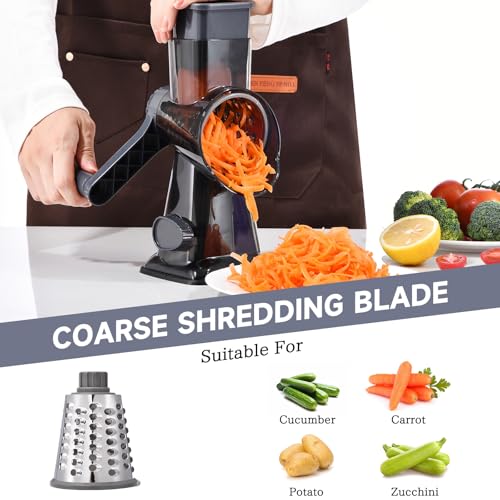 Rotary Cheese Grater with Handle Kitchen Shredder Slicer Grater Slicer Ice Shaver Cheese Vegetable Nuts Potato Zucchini Chocolate 3 Interchangeable Blades (Grey TSP) by Xilrvna - Image 3