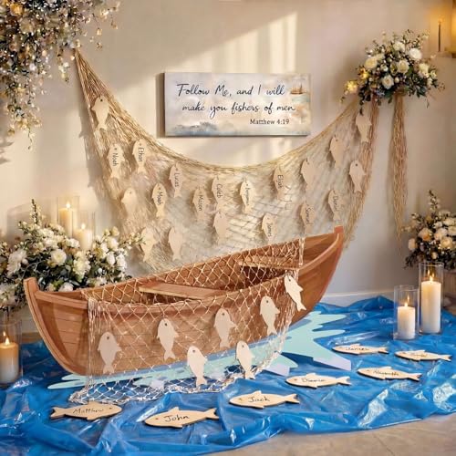 Novabright Fishers of Men Party Decor Bible Teaching VBS Religious Christian Decor Large Fishing Boat Cardboard Cutout Wooden Fish Cutout Net Ocean Table Covers for Jesus Church Sunday School Supplies