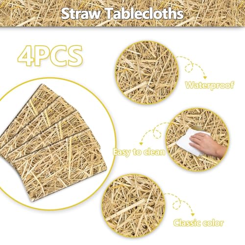 PTECDROTS 4 Stück Stroh-Tischdecke, rechteckig, wasserdicht, Bauernhof-Tischdecke, Heustapel für Bauernhof-Party-Dekorationen, Cowboy-Western-Mottoparty-Zubehör, 130 x 220 cm