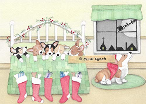 12 Christmas cards: Pembroke Welsh Corgi family on Christmas eve folk artQ