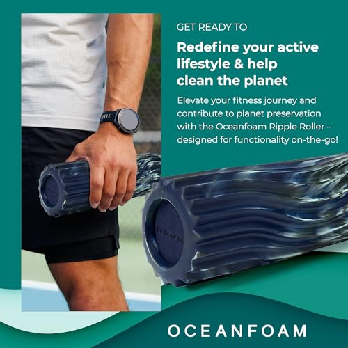 Oceanfoam Ripple Travel Foam Roller (11\" x 3.35\") Firm Mini Foam Roller for Physical Therapy, Deep Tissue Massage, Back Pain - High Density, Wave Textured - Yoga (Dark Navy, Hunter & Seafoam Marbled) - Thumbnail 3