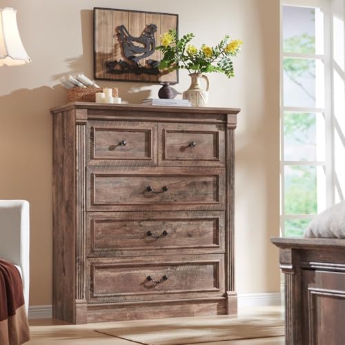 Image of Farmhouse 5 Drawers Dresser for Bedroom, 46 inch Tall Dressers & Chests of Drawers w /Roman Column, Large Storage Dressers Organizer for Bedroom, Hallway, Living Room, Light Brown