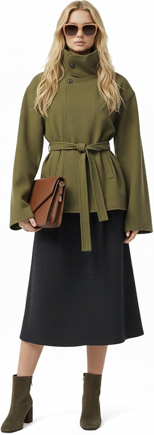 Women Cropped Trench Coat Funnel Neck Wool Jackets Oversized Belted Pea Coats Fall Winter Trendy Casual Outfits 2025