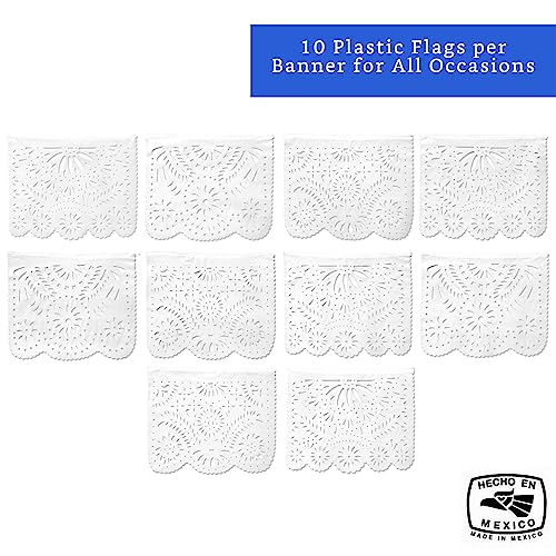 White Papel Picado Banner (5 Pack - 10 Plastic Flags per Banner) - White Mexican Banners for Parties and Weddings - Mexican Themed Party Decorations - Papel Picado Mexicano para Decoraciones