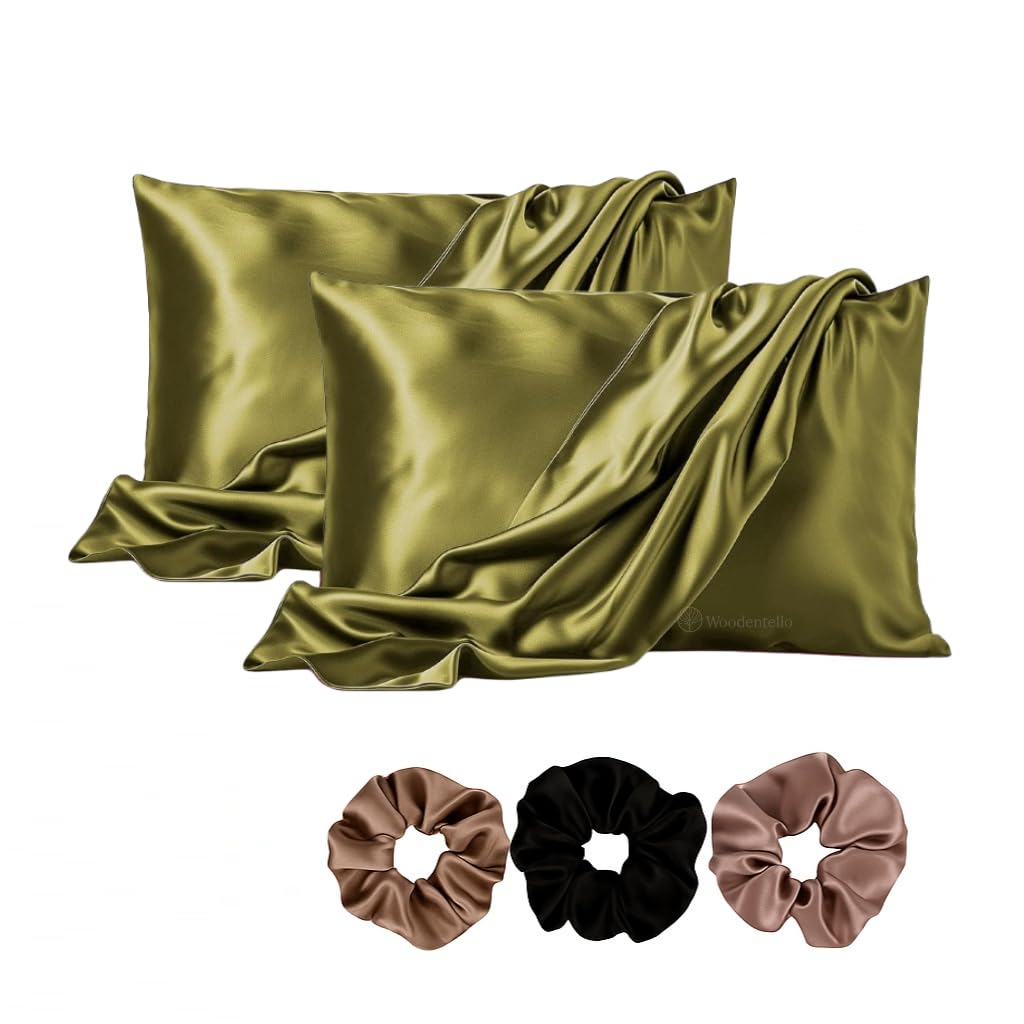 Satin Pillow Covers Set of 2 – Soft & Smooth Pillowcases for Hair & Skin Care | Envelope Closure | Includes 3 Free Random Color Scrunchies | Frizz-Free Sleep Essentials (Olive Green)-image-1